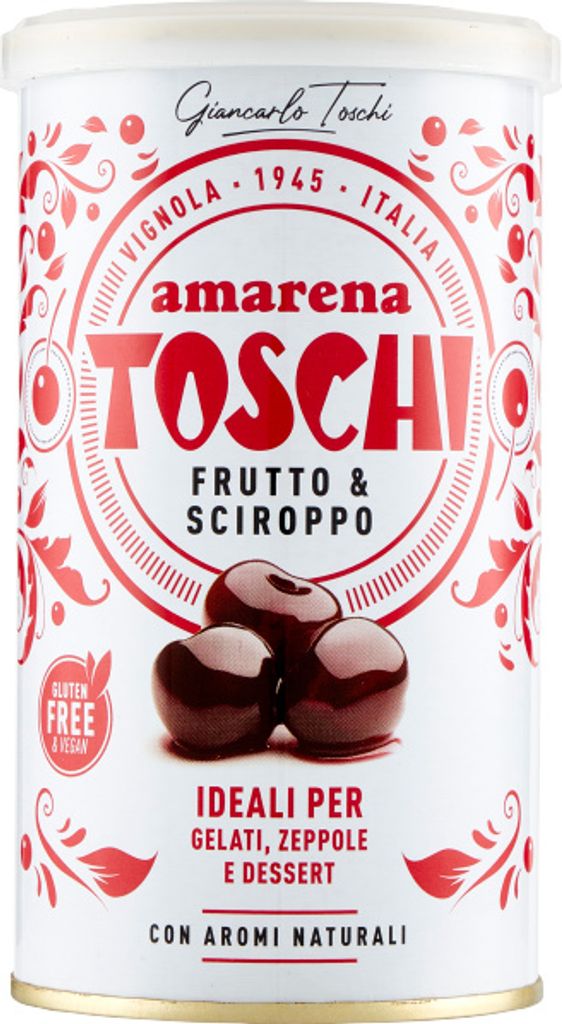 A can of Toschi Amarena cherries in syrup.