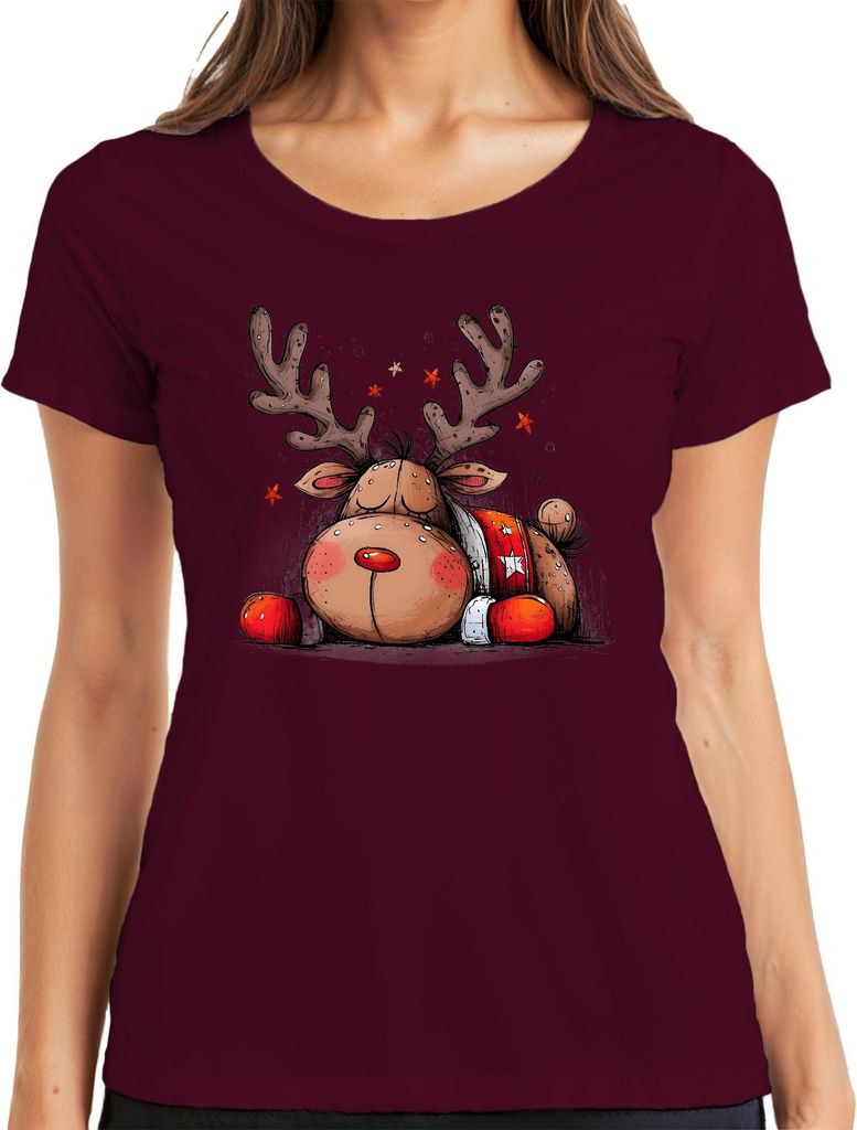 Weihnachten schlafendes Rentier rote Nase Geweih Sterne Niedlich Damen T-Shirt, Burgundy, 3XL
