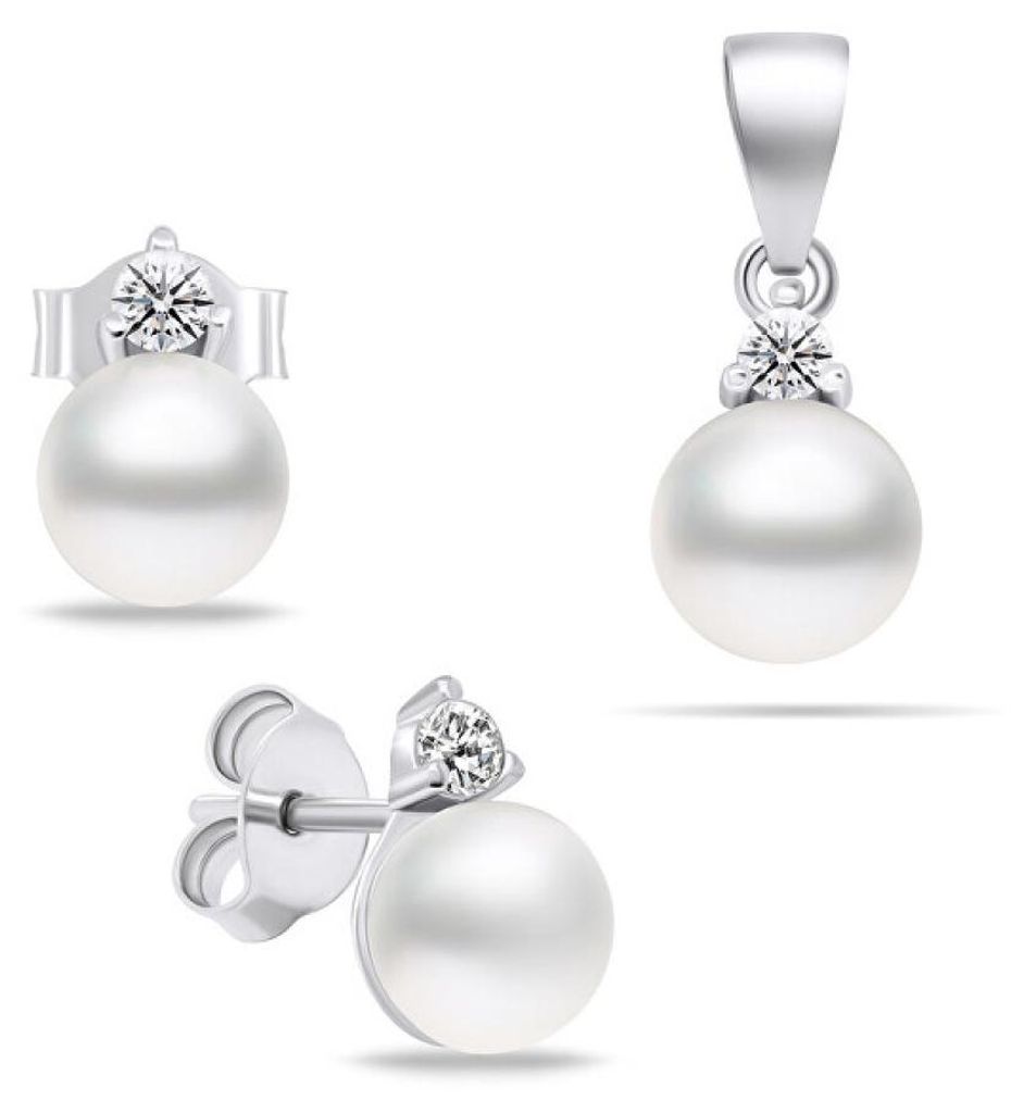Elegant silver jewelry set with pearls SET227W (earrings, pendant)