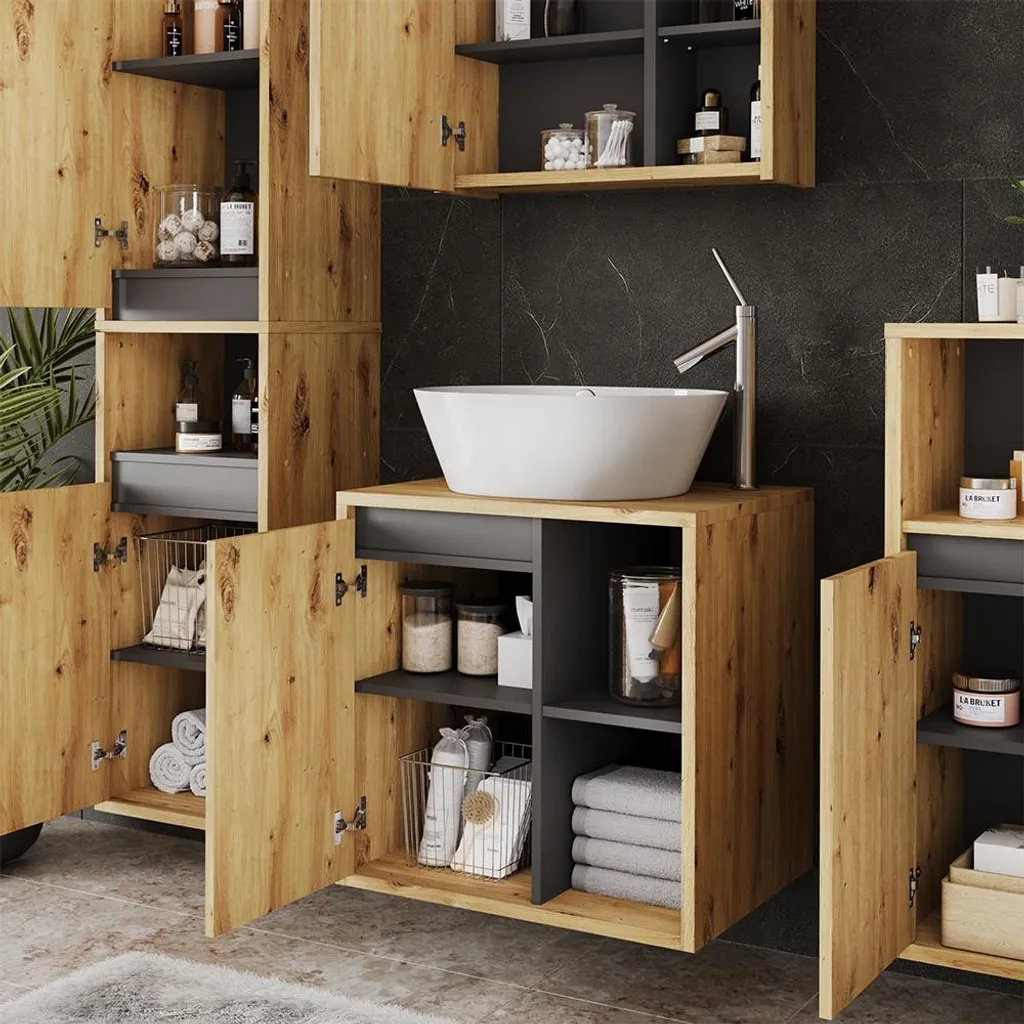 Meuble sous lavabo Viola avec étagères ouvertes bois Artisan et gris - 5
