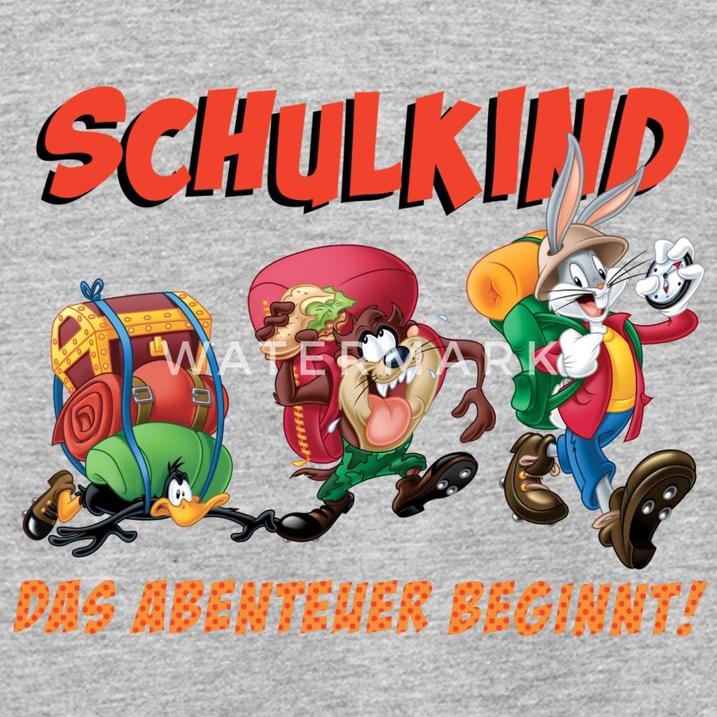 Spreadshirt Looney Tunes Schulkind Geschenk Einschulung Kinder T-Shirt, 122/128 (7-8 Jahre), Grau meliert