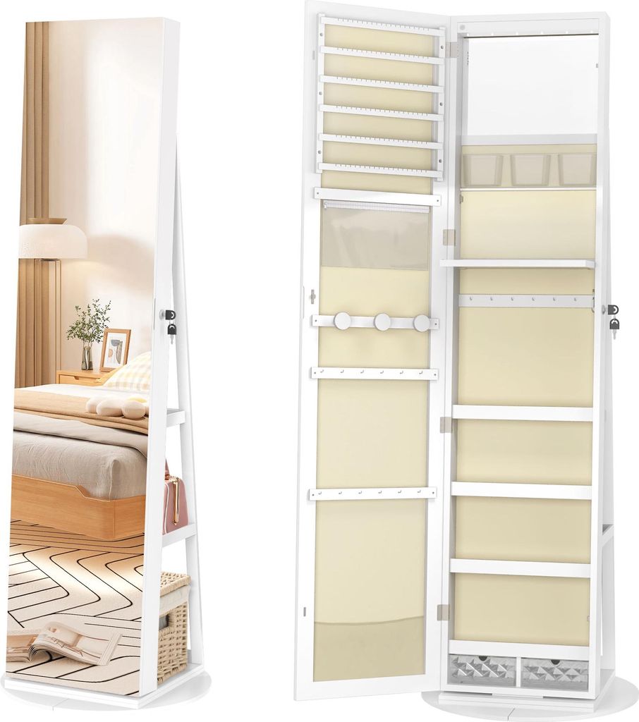 A white jewelry cabinet with a full-length mirror is shown open, revealing its interior storage compartments and shelves. The cabinet is placed in a bedroom setting, with a bed and nightstand visible in the reflection of the mirror.