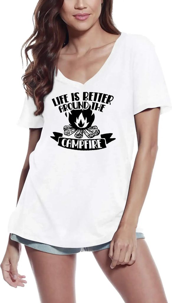 Damen Grafik T-Shirt V-Ausschnitt Das Leben ist besser am Lagerfeuer – Life Is Better Around The Campfire Camp – Öko-Verantwortlich Vintage Ja...