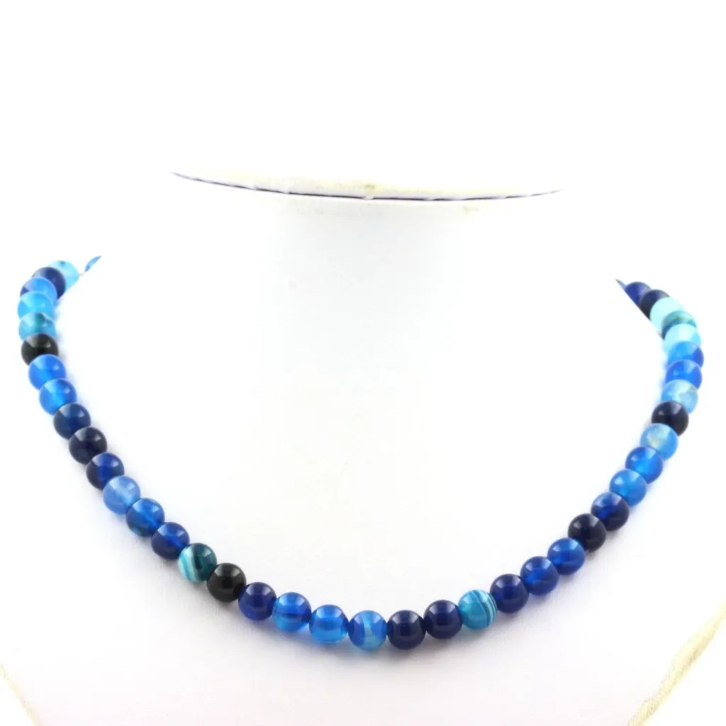 Collier de perles d'agate bleue 8 mm avec rubans élégants de satin - 2