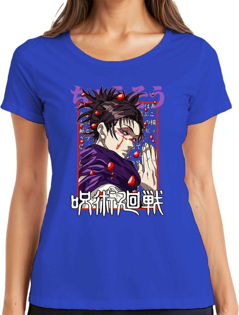Jujutsu Kaisen Anime Fluchmagier Rot Augen Manga Fan Geschenk Damen T-Shirt, Blau, L