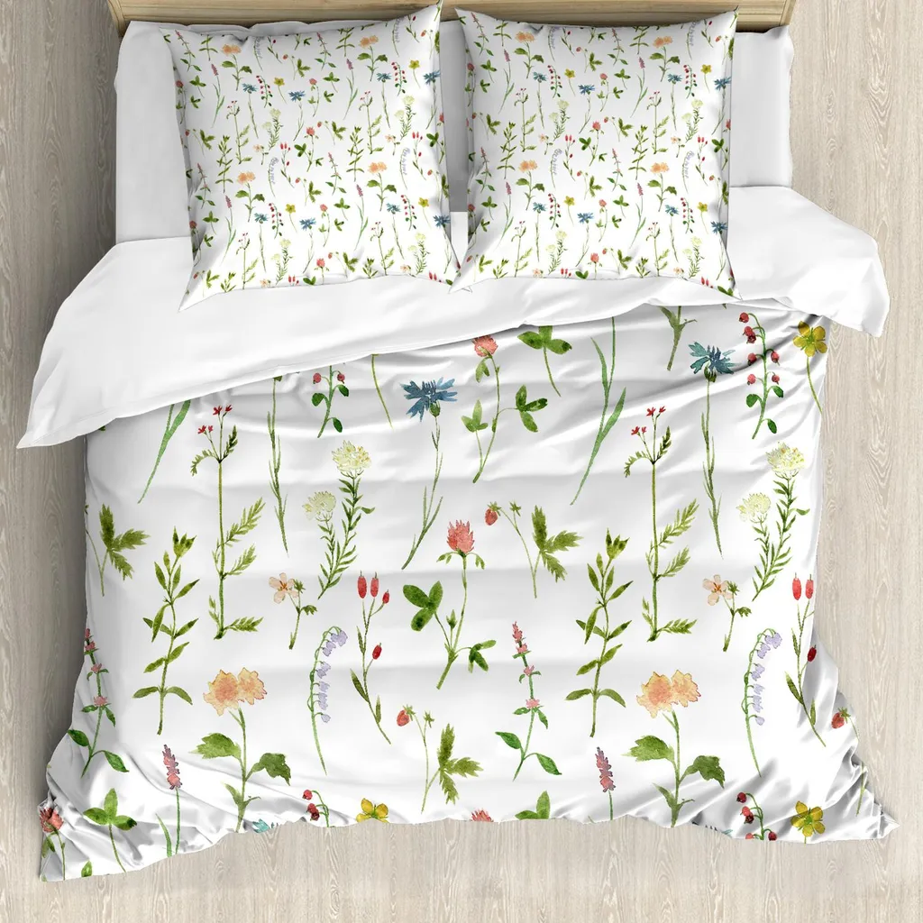 Parure de Lit 200x200 cm Motif Botanique Aquarelle et Fleurs Sauvages