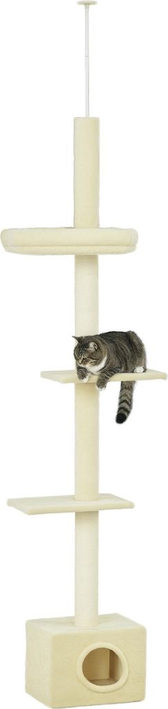 PawHut Katzenbaum, höhenverstellbar von 230 bis 260 cm, Spielturm, Kratzbaum, 4 Aktivitätsstufen mit Plüschhöhle, Beige