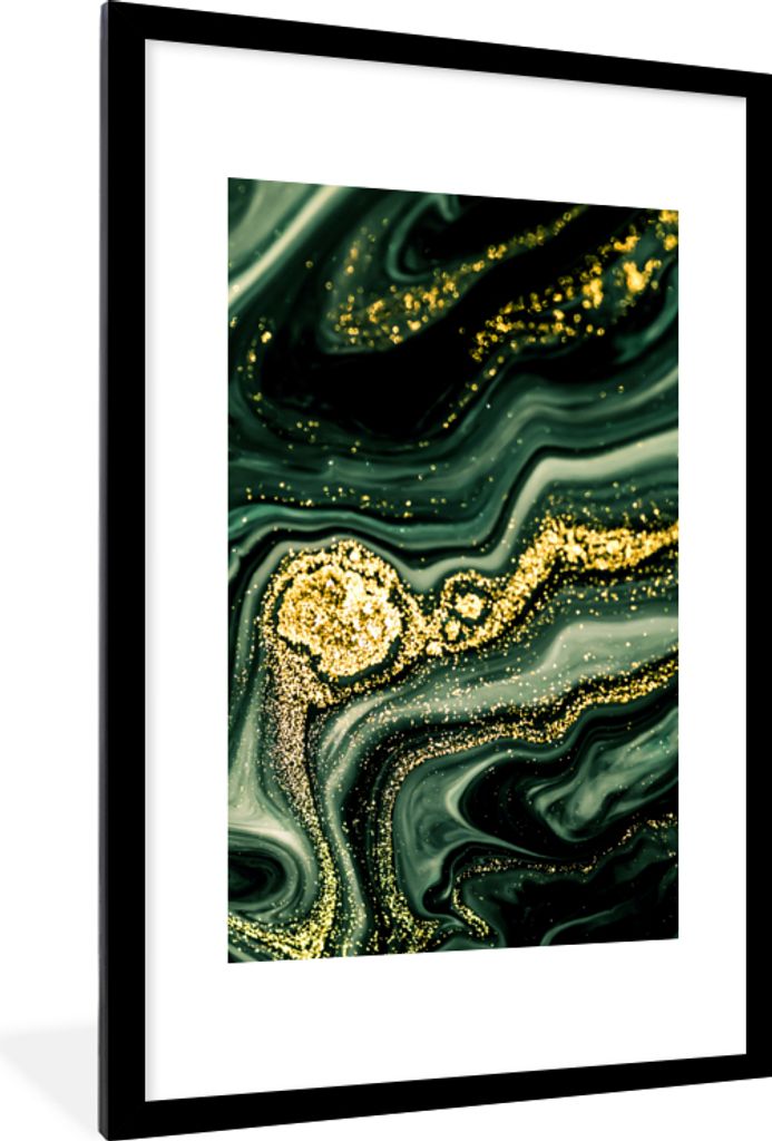 MuchoWow Gerahmtes Poster Marmor - Gold - Glitter - Grün - Marmoroptik - Luxus 60x90 cm - Poster mit Schwarzem Bilderrahmen Wandposter Rahmen Fo...