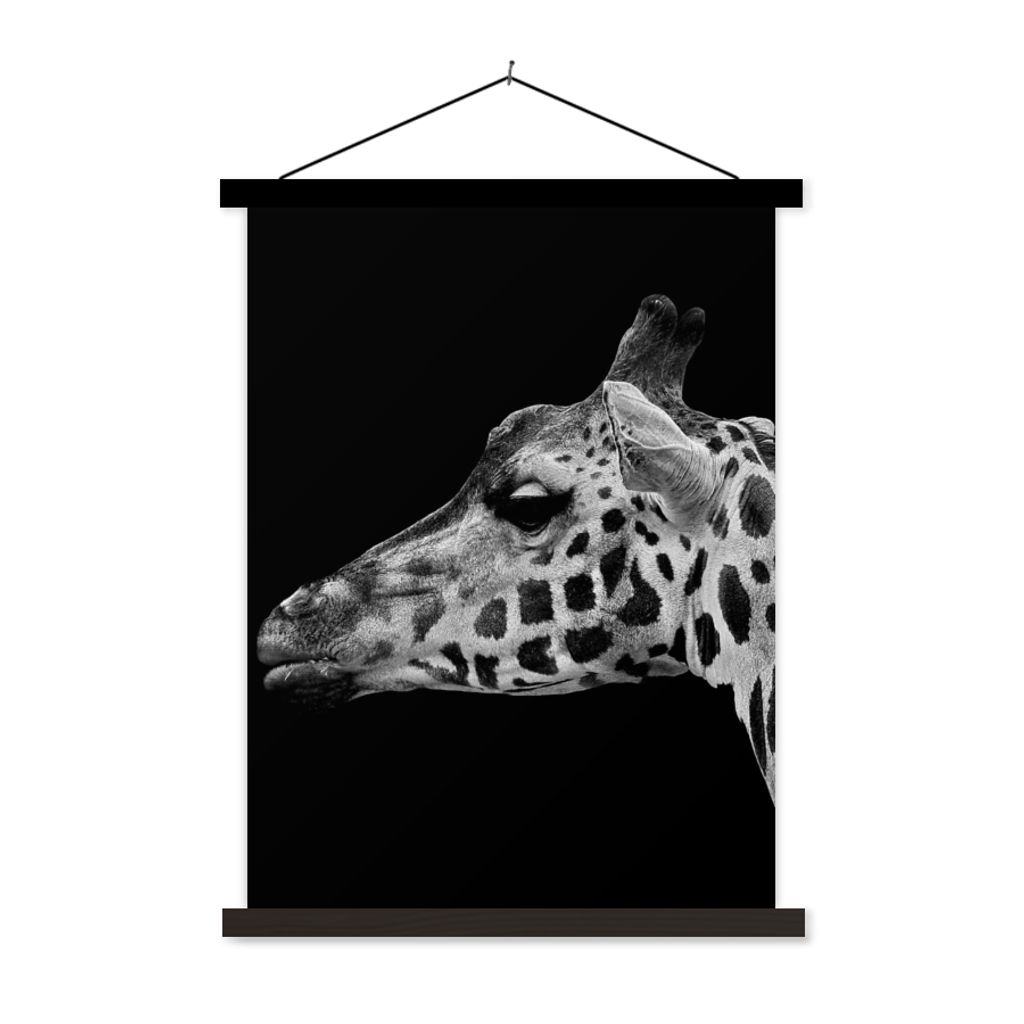 MuchoWow Textilposter Tiere - Giraffe - Schwarz - Weiß 90x120 cm mit schwarzem Rahmen - Dekoration