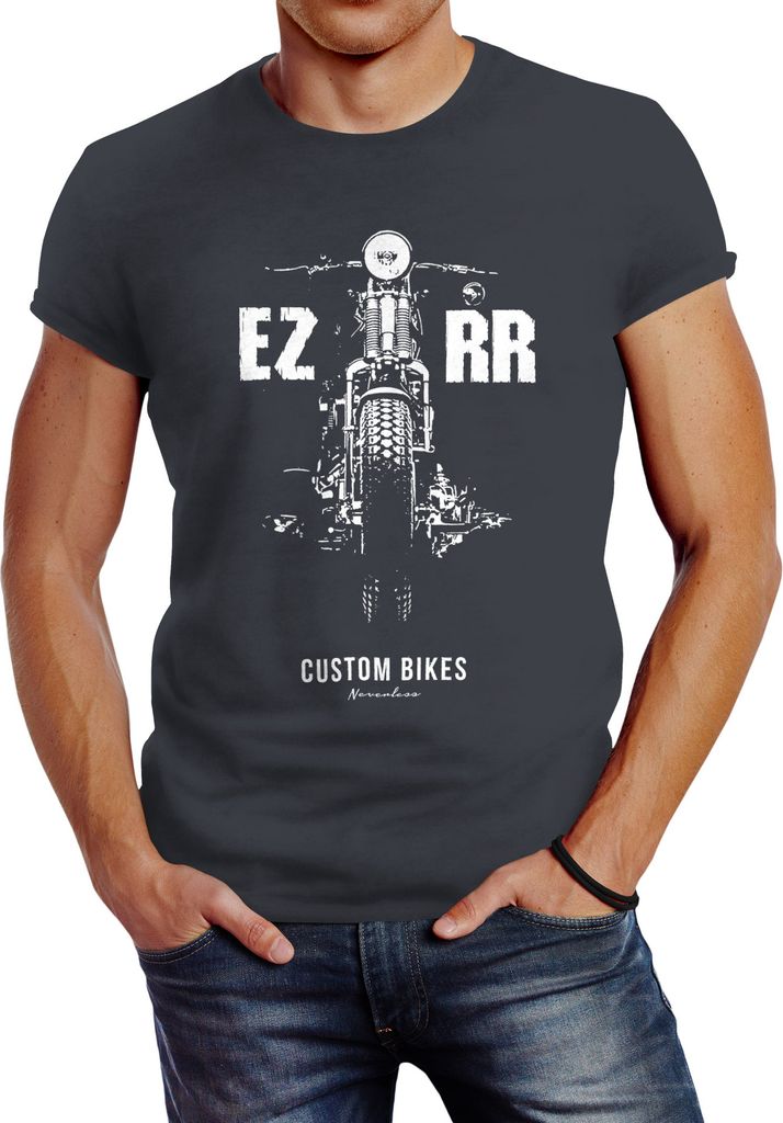 Herren T-Shirt Biker Motorrad Custom Bikes Motiv Slim Fit Neverless dunkelgrau XL