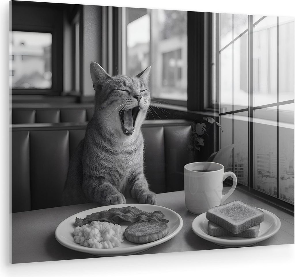 MuchoWow Glasbilder - Bilder auf Wandbild - Foto auf Glas Katze - Kaffee - Brot - Schwarz 80x60 cm Wanddekoration aus Glas - Acrylglasbild - Acrylb...