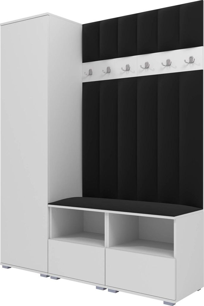 Garderoben-Set Nela II LUX, gepolsterte Garderobe 150 cm mit Doppel-Sitzbank, Wandpaneelen und Stauraum (Farbe: Weiß + Trinity 16)