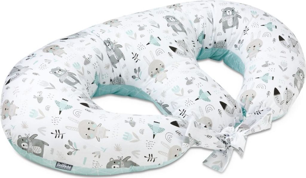A white and teal animal-themed nursing pillow.