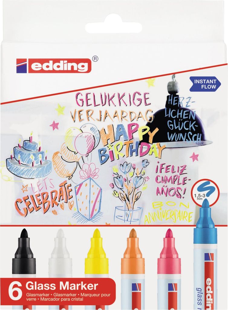 The image shows the packaging of a set of 6 Edding glass markers, with colorful drawings on the packaging indicating their use on glass surfaces for celebrations.