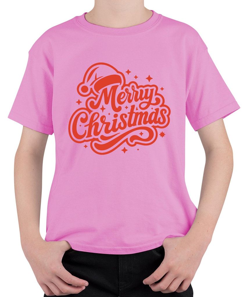 Merry Christmas Weihnachten Geschenk Santa Hat Sterne Vintage Uni Kinder T-Shirt, Pink, 116