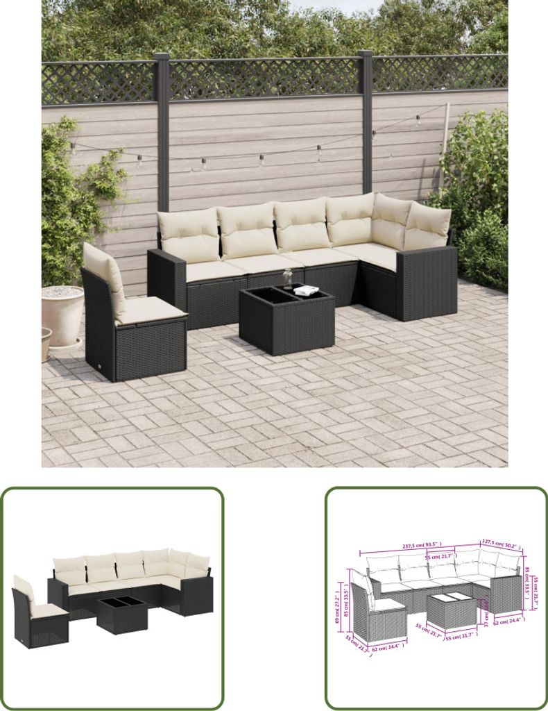 The Living Store 7-tlg. Garten-Sofagarnitur mit Kissen Schwarz Poly Rattan