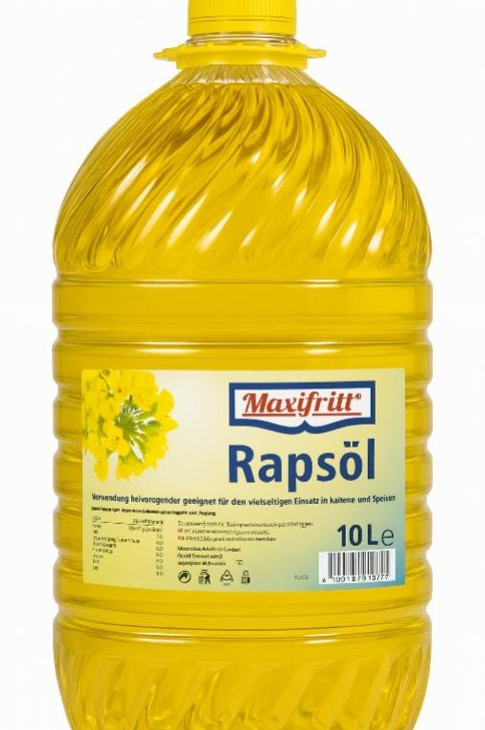 A large plastic bottle of yellow cooking oil with a label.