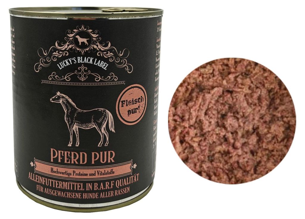 Lucky's Black Label Pferd Pur 800 g I Reines Pferdefleisch für sensible Feinschmecker I Nassfutter für Hunde I Niedriger Fettgehalt