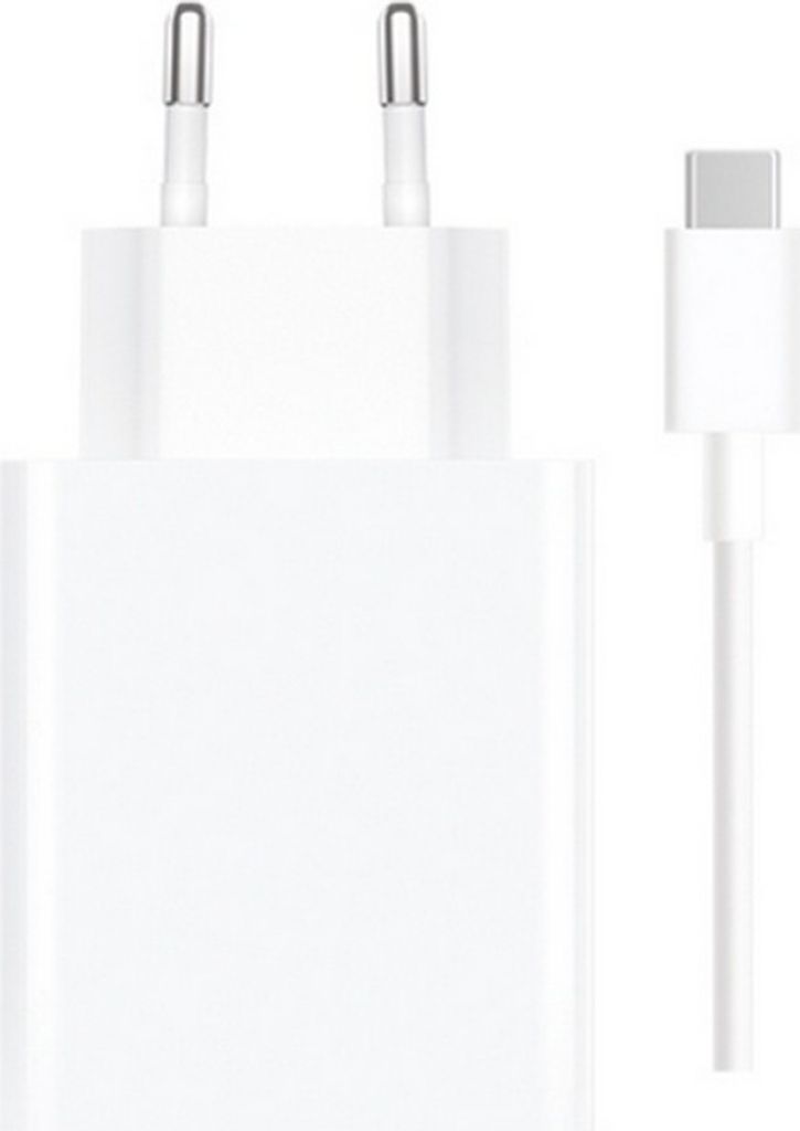 A white Xiaomi 33W USB-A charger with a white USB-C cable.