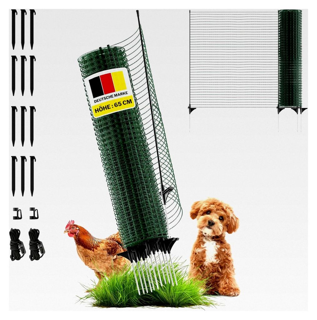 Begrenzungszaun FIX, mobiler Zaun 65 cm hoch, 15 m lang, engmaschig, 9 Pfähle