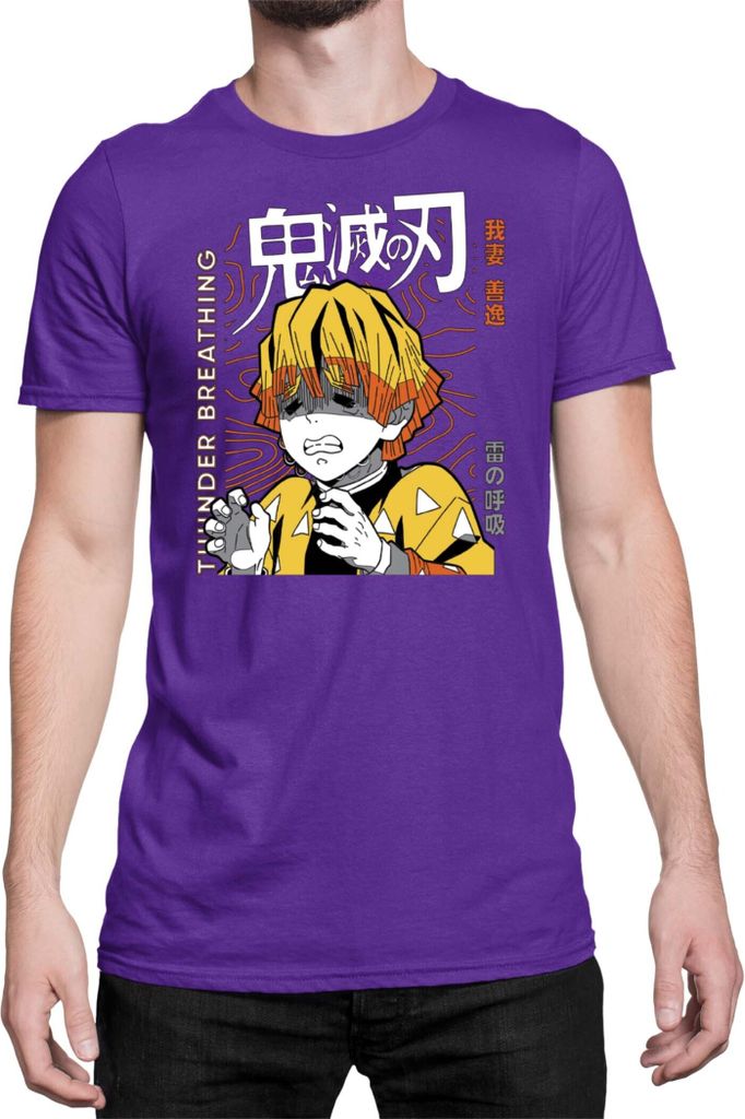 Herren T-Shirt Demon Anime Slayer Kimetsu No Yaiba Zenitsu Agatsuma 002, Man L / Lila