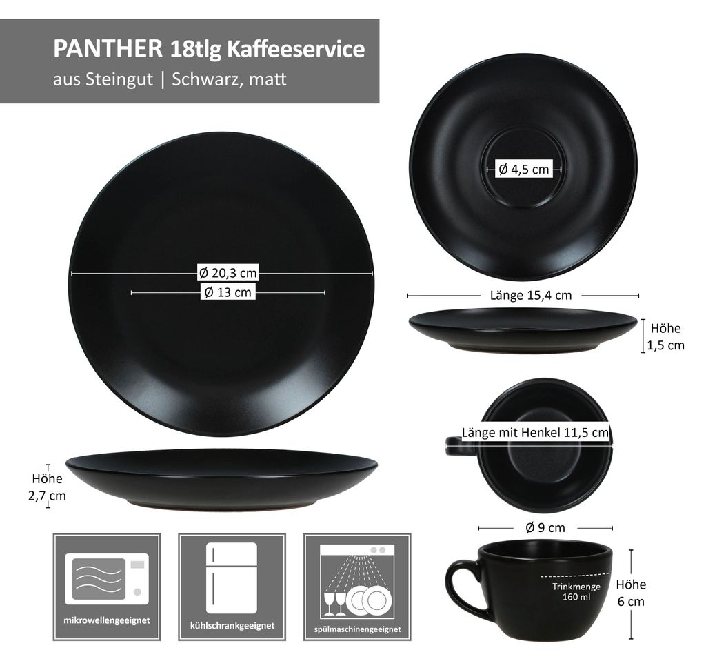 18tlg Kaffeeservice Panther schwarz Steingut 6 Personen