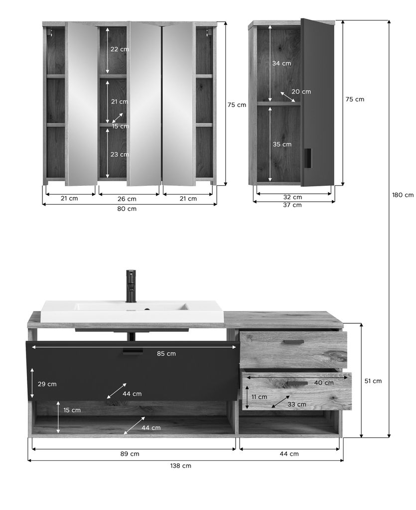 Badmöbel Set "Oderzo" 4-tlg. Komplett-Set mit Waschbecken, Produktbild 7