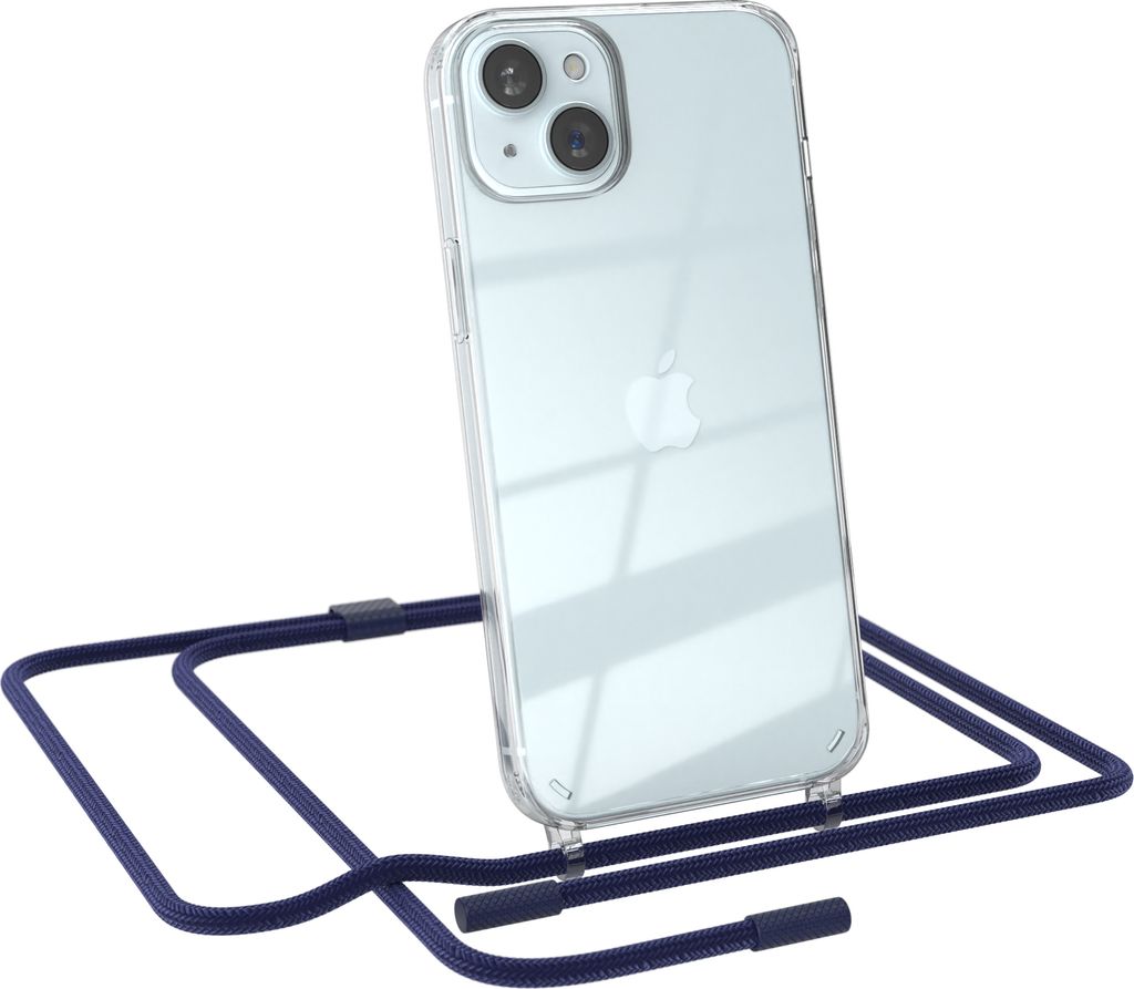 EAZY CASE Handykette für Apple iPhone 15 Plus, Clear Case aus Silikon, mit Umhängeband, abnehmbare Endstücke, Handyband in Blau