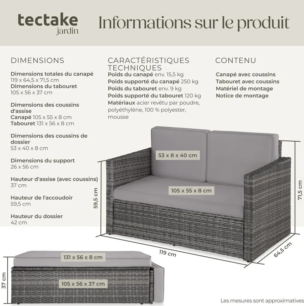 Canapé de jardin modulable gris CORFOU résistant aux UV et intempéries