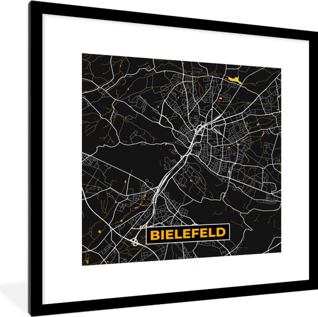 MuchoWow Gerahmtes Poster Bielefeld - Karte - Stadtplan - Gold - Deutschland 40x40 cm - Poster mit Schwarzem Bilderrahmen Wandposter Rahmen Foto ...