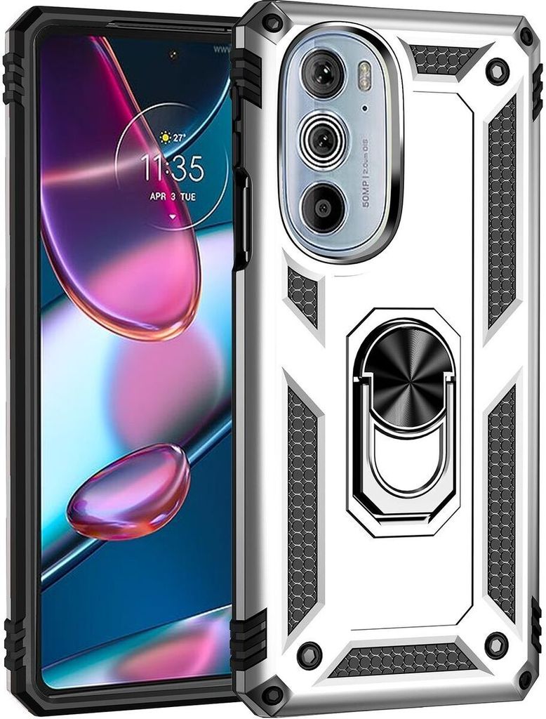 Mobigear Armor Ring Motorola Edge 30 Pro Hülle Hardcase Backcover Stoßfest mit Ringhalter - Silber