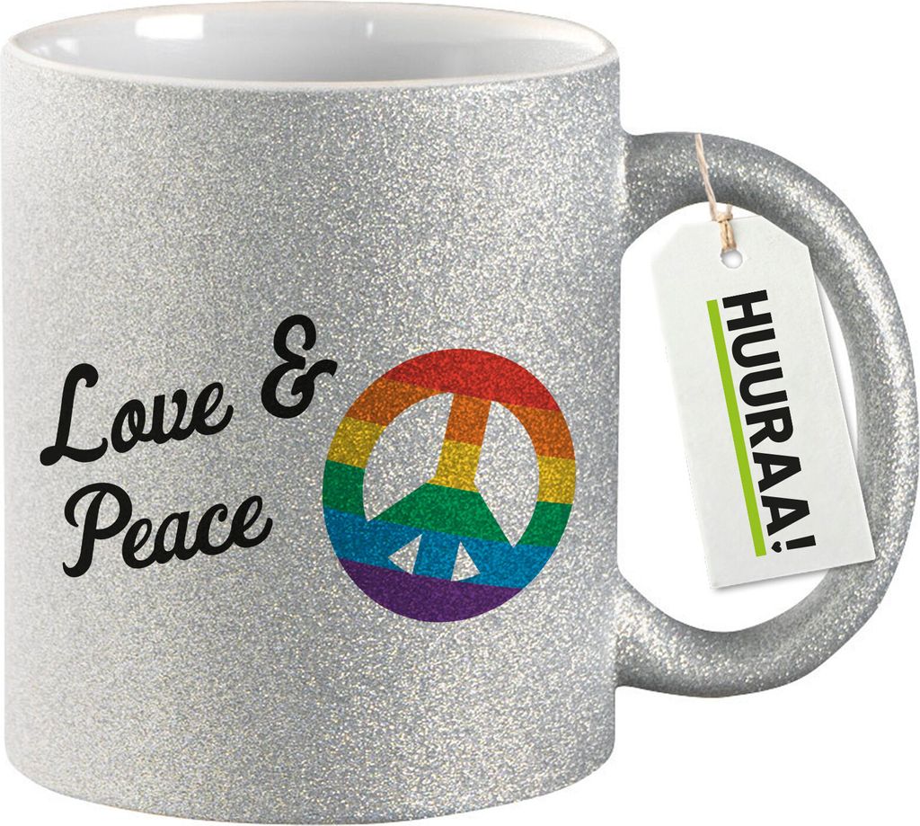Huuraa Glitzertasse Love & Peace 330ml Silber Keramik Kaffeebecher Geschenkidee