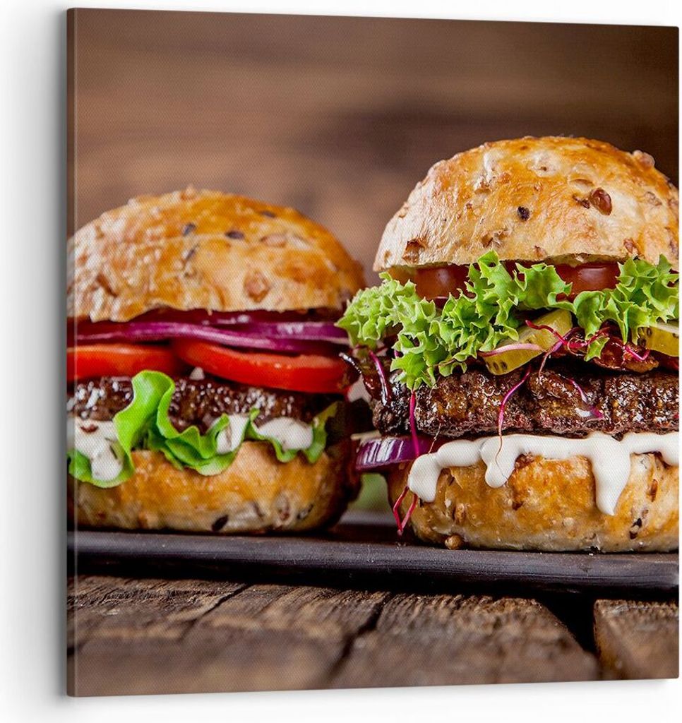 Bild auf Leinwand - Leinwandbild - Amerikaner Hamburger Essen Barbecue - 70x70cm - Wand Bild - Wanddeko - Leinwanddruck - Bilder - Kunstdruck - Lei...