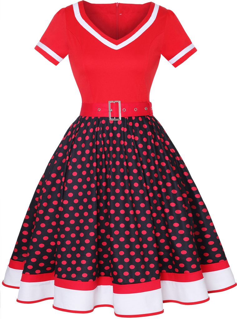 ASKSA Rockabilly Kleider Damen 50er Jahre Vintage Kurzarm V-Ausschnitt Polka Dot Swing Coctailkleid Hochzeit Festlich Knielang Kleid (Dunkelrot,4XL)
