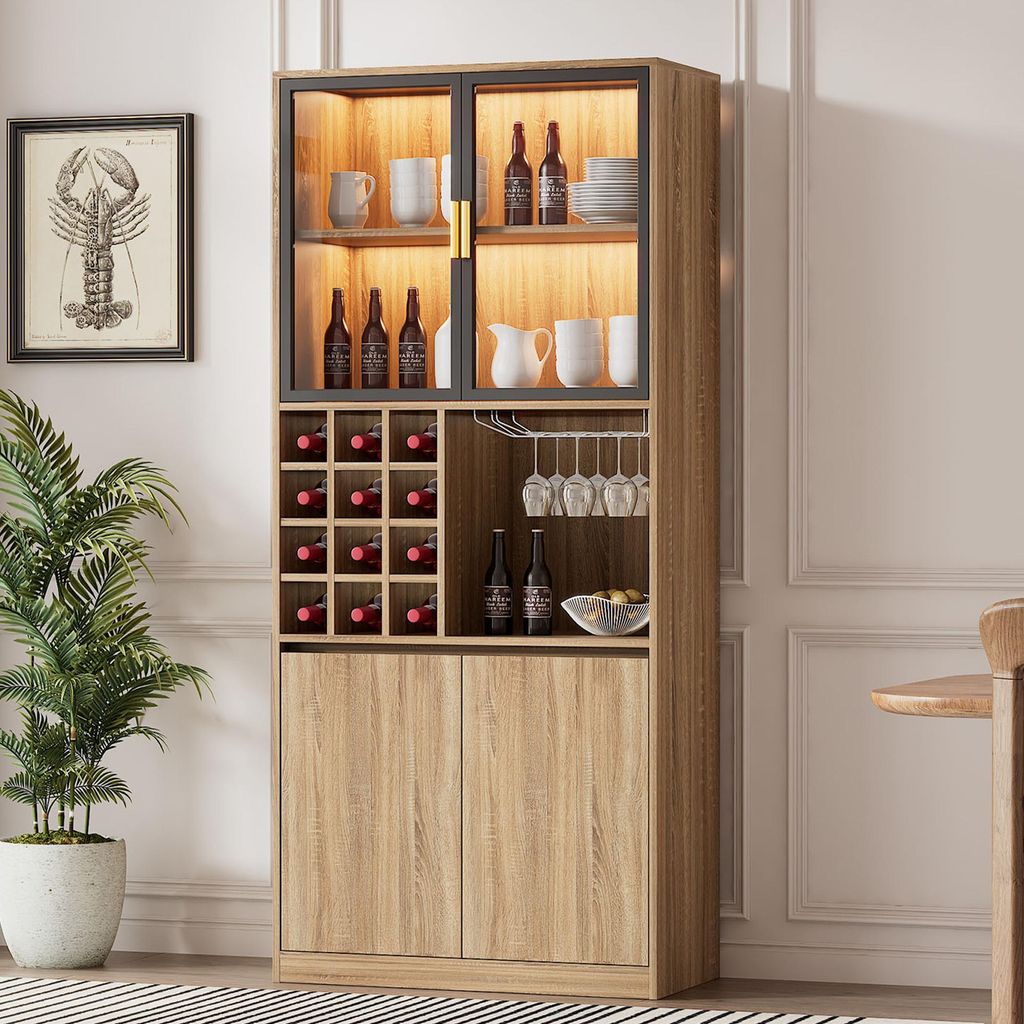 Merax Glasvitrine mit 4 Türen, Wein, Weinregal, Badezimmerschrank mit LED, Hochschrank, Stehend Vitrinenschrank für Wohnzimmer, 80x40x180cm, Natur
