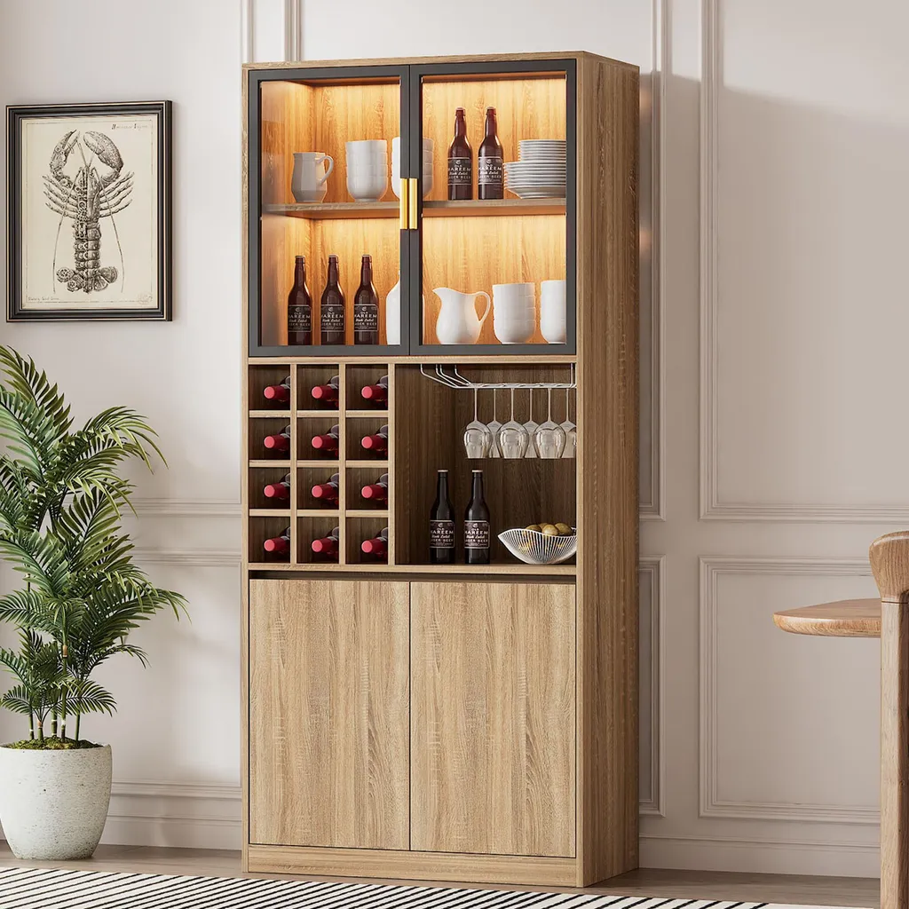 Meuble de Rangement Vin et Verres pour Salon avec Portes Vitrées et LED