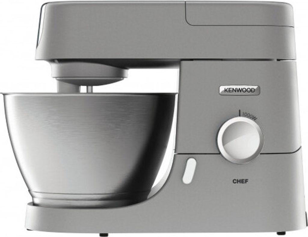 A side view of a silver Kenwood kitchen mixer.