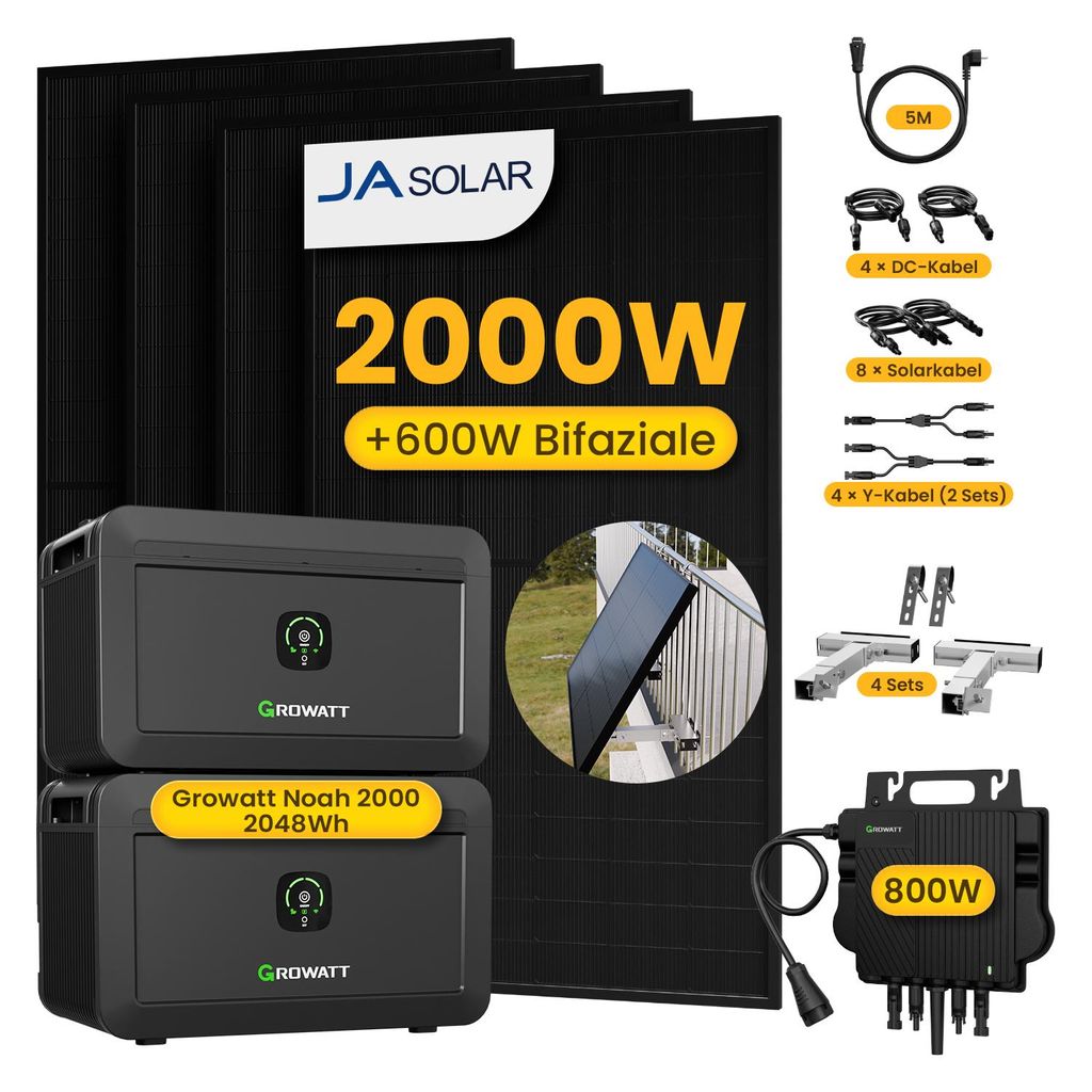 Powerness Balkonkraftwerk mit Speicher, 4x JA Solar 500W Module & Growatt 800W Mikro-Wechselrichter, 2x Growatt NOAH 2000, 4x Balkon-Halterung(Silber)