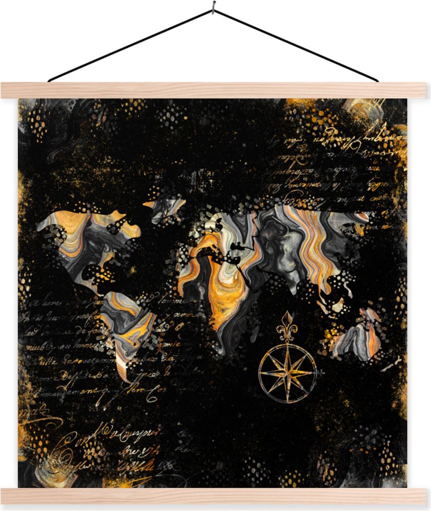 MuchoWow Textilposter Weltkarte - Farbe - Gold - Kompass 120x120 cm mit holzfarbenen Rahmen - Textil-Poster