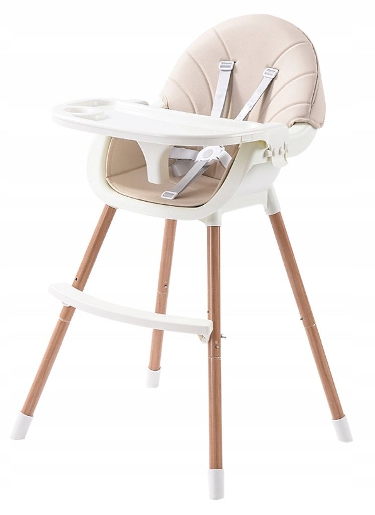 A beige and white high chair with wooden legs, shown against a white background.