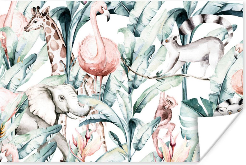 MuchoWow Poster Aquarellieren - Tiere - Pflanzen - Dschungel - Jungen - Mädchen - Kinder 120x80 cm - Bilder
