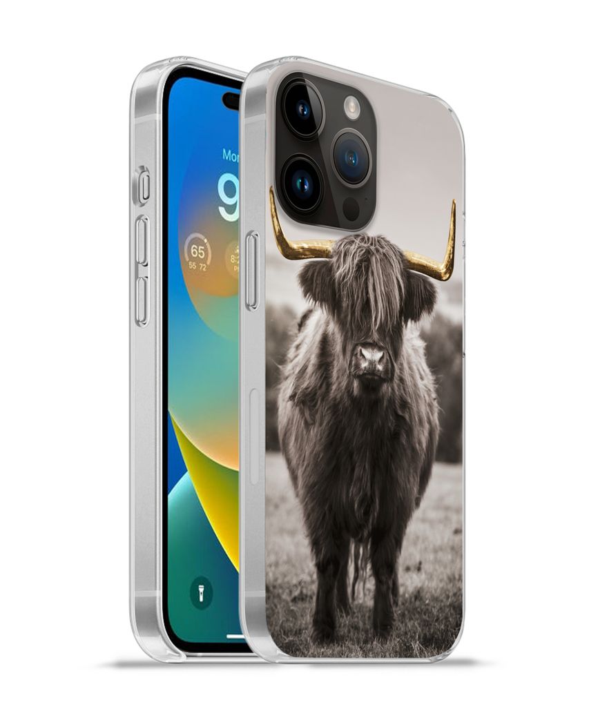 MuchoWow Handyhülle Schutzhülle Hülle für Apple iPhone 14 Pro - Softcase Schottischer Highlander - Gold - Hörner Silikon Softcase Handy Hül...
