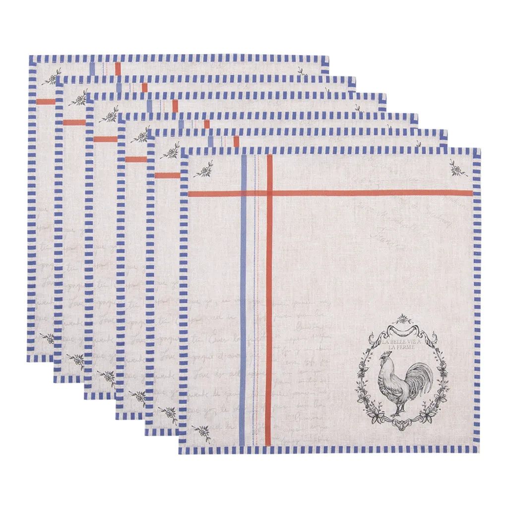 Clayre & Eef Lot de 6 Serviettes en Coton 40x40 cm Beige Motif Coq