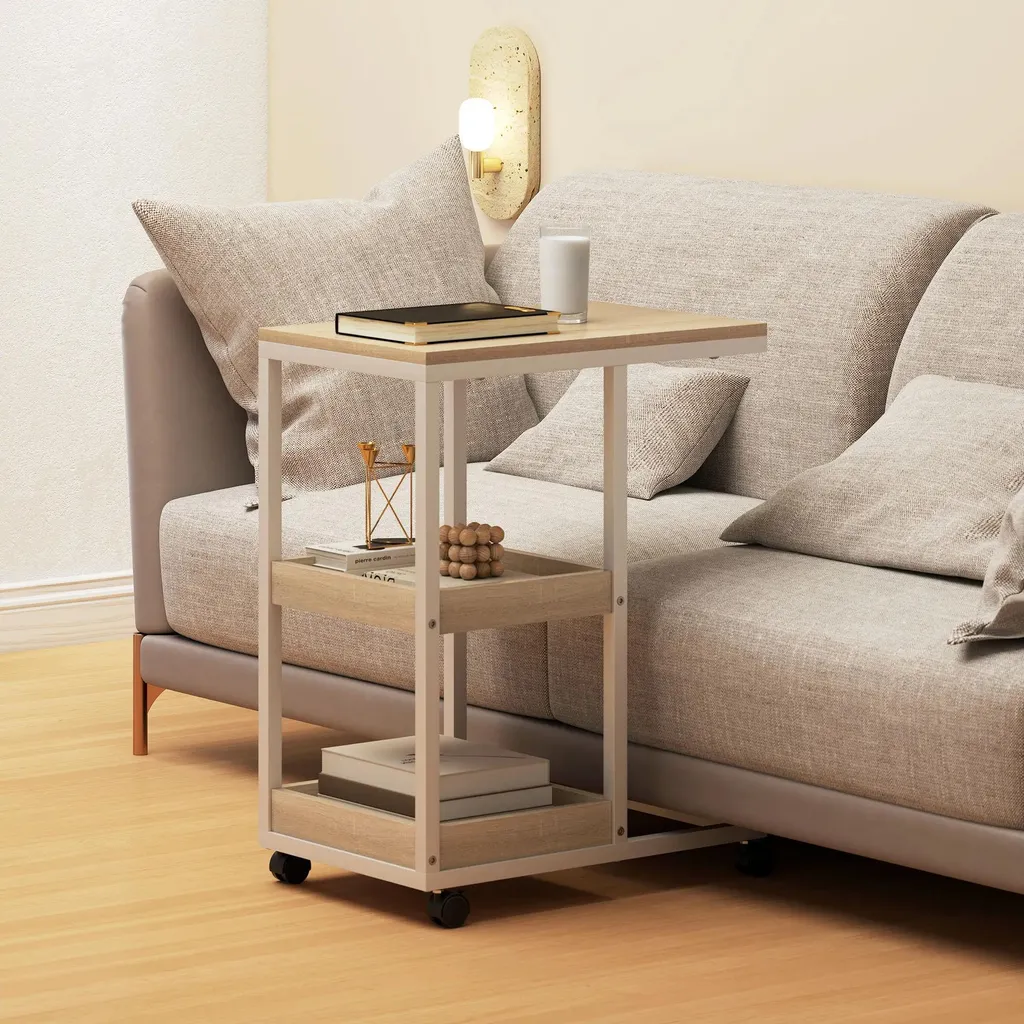 Table basse forme C à roulettes avec double rangement métal et naturel