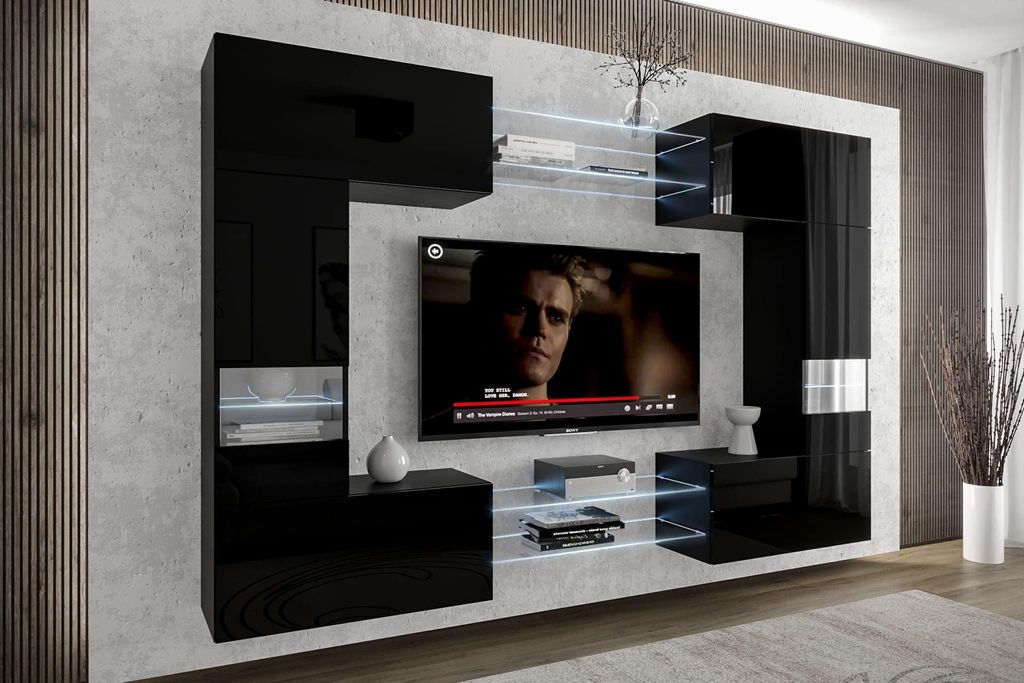 Furnitech Wohnwand Wohnzimmer - Wohnzimmer Möbel mit LED RGB - 16 Farben - Hängend Wohnwand Modern - Regale und TV Schrank (C29N-21B-HG1-1B)