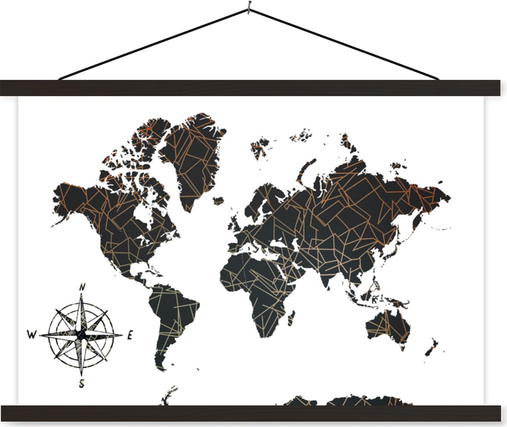 MuchoWow Textilposter Weltkarte - Schwarz - Weiß - Kupfer 90x60 cm mit schwarzem Rahmen - Aufhängungssatz