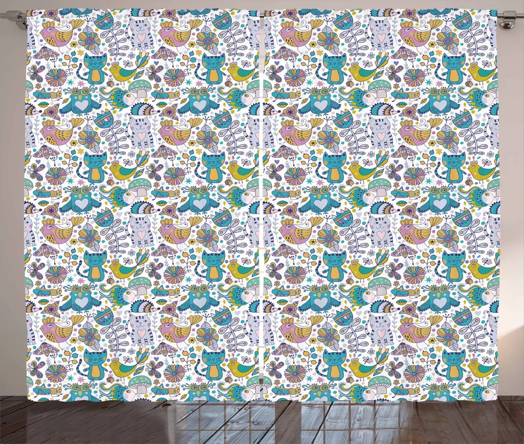 ABAKUHAUS Tenda rustica con animali, motivo fauna in stile cartone animato, tenda con passanti e ganci per camera da letto, 280 x 175 cm, multicolore