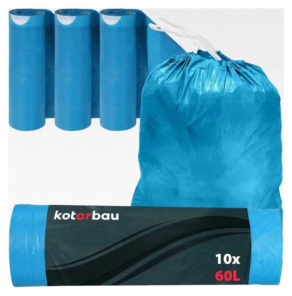 3er Set Müllbeutel 60L mit Zugband Blau