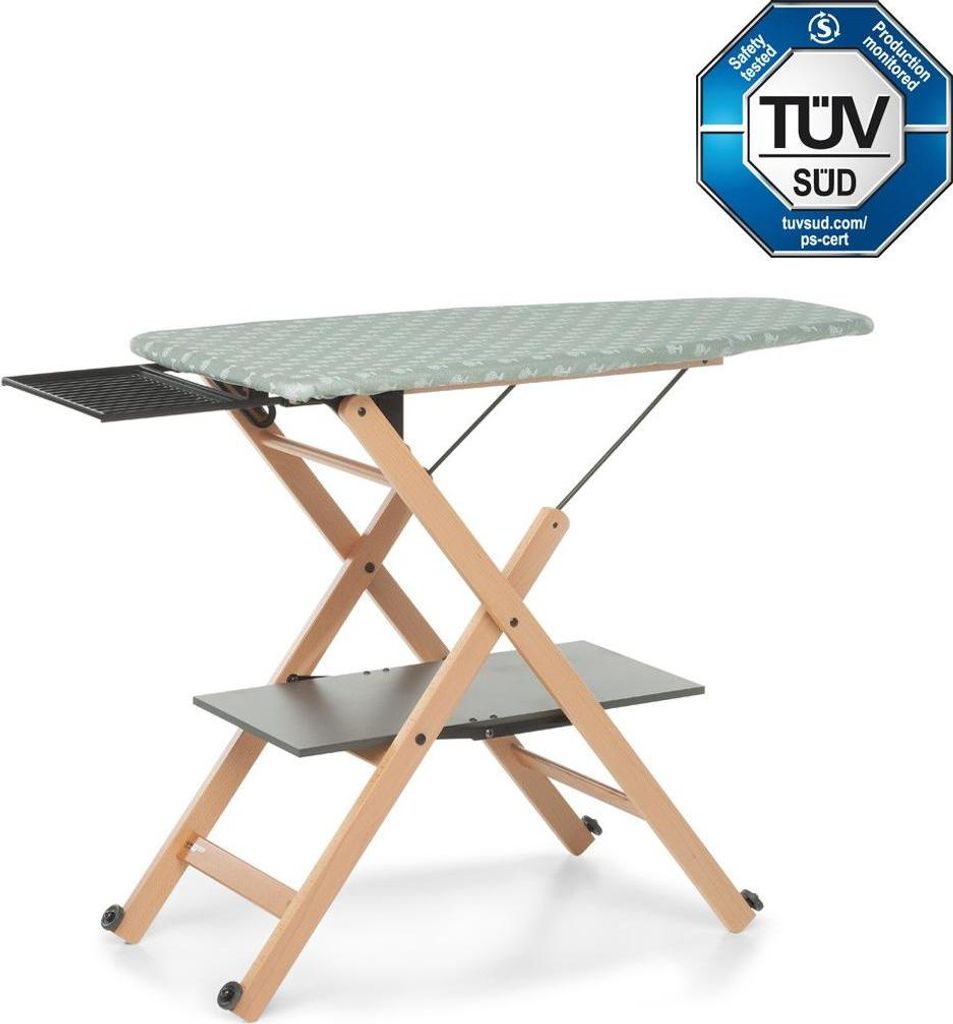 A wooden ironing board with a patterned ironing surface and a metal shelf underneath, shown against a white background.