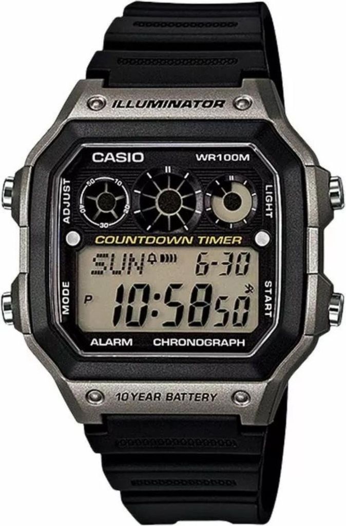 A digital Casio watch is shown against a white background.